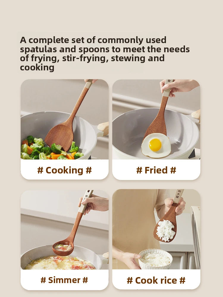 COOKER KING Ebony Wood Cooking Utensils Heat Resistant Non-Stick Pan Safe Spatula Stir Fry Rice Soup Spoon