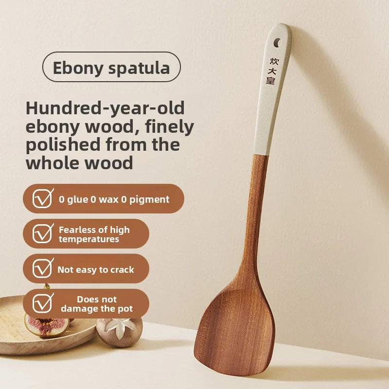 COOKER KING Ebony Wood Cooking Utensils Heat Resistant Non-Stick Pan Safe Spatula Stir Fry Rice Soup Spoon