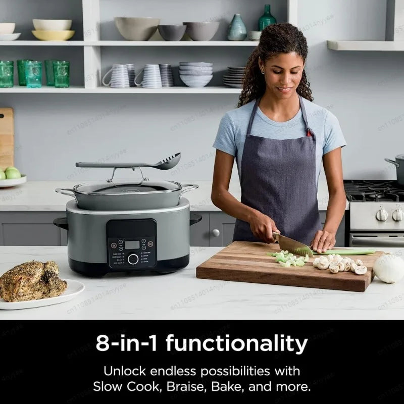 8-in-1 Multi-Cooker & Slow Cooker | All-in-One Kitchen Center for Sauteing, Steaming, Dutch Oven Cooking, with Glass Lid & Spoon