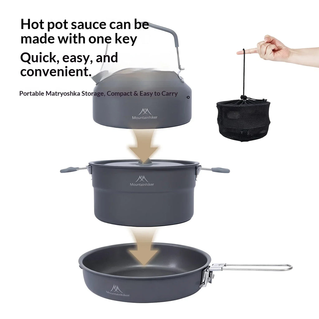 Camping Cooking Kit for 3-4 People | Includes pot, frying pan and kettle | Lightweight and portable, ideal for camping.