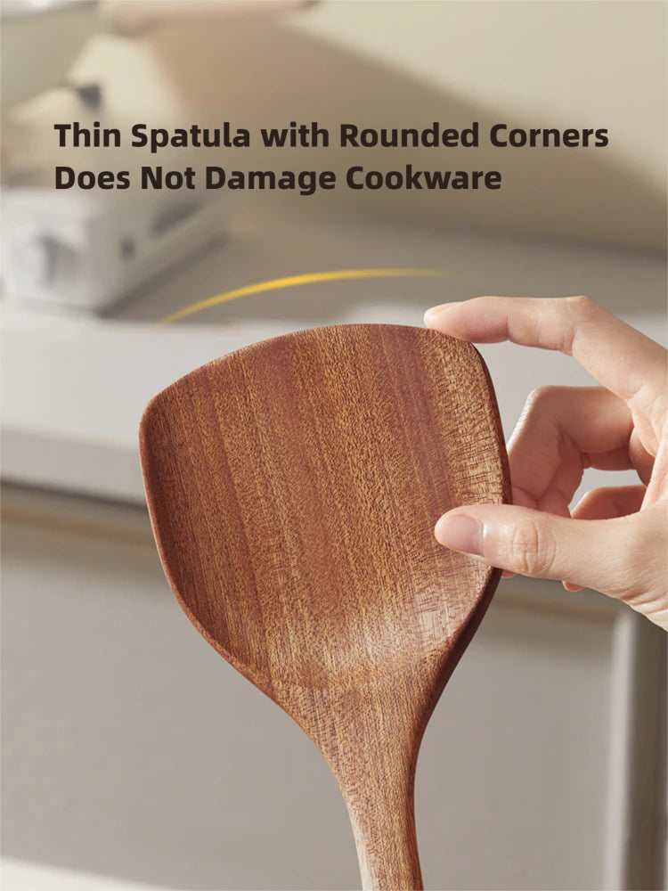 COOKER KING Ebony Wood Cooking Utensils Heat Resistant Non-Stick Pan Safe Spatula Stir Fry Rice Soup Spoon