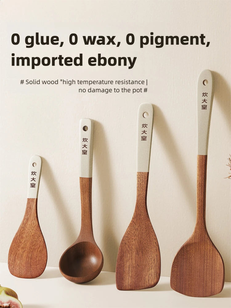 COOKER KING Ebony Wood Cooking Utensils Heat Resistant Non-Stick Pan Safe Spatula Stir Fry Rice Soup Spoon