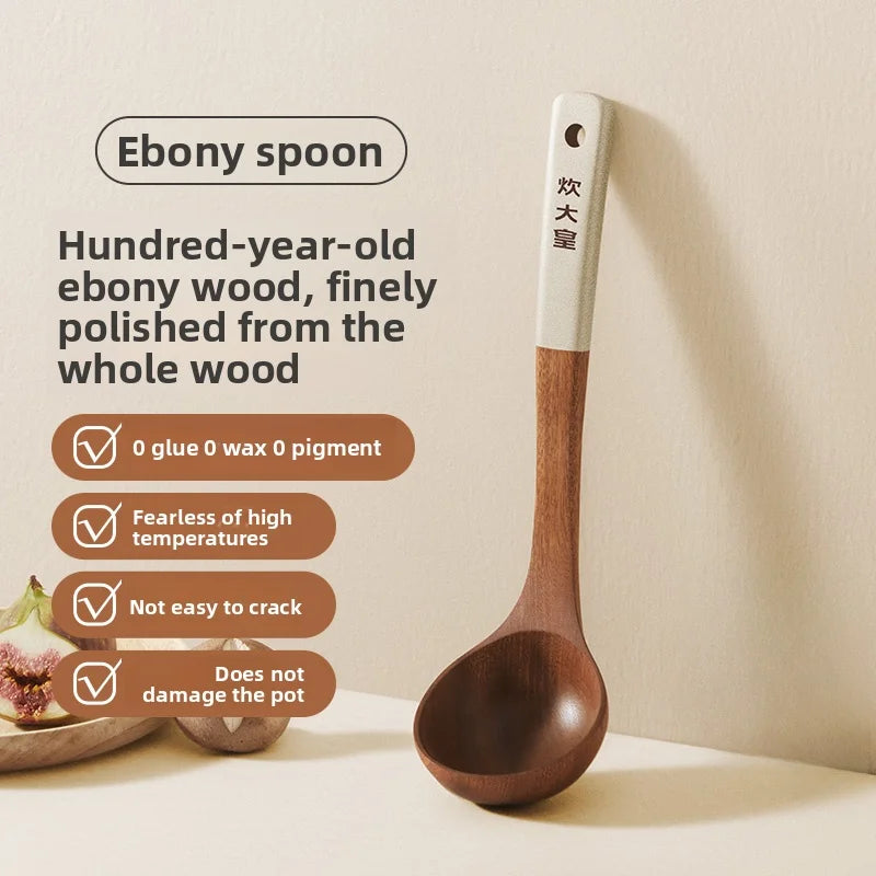 COOKER KING Ebony Wood Cooking Utensils Heat Resistant Non-Stick Pan Safe Spatula Stir Fry Rice Soup Spoon