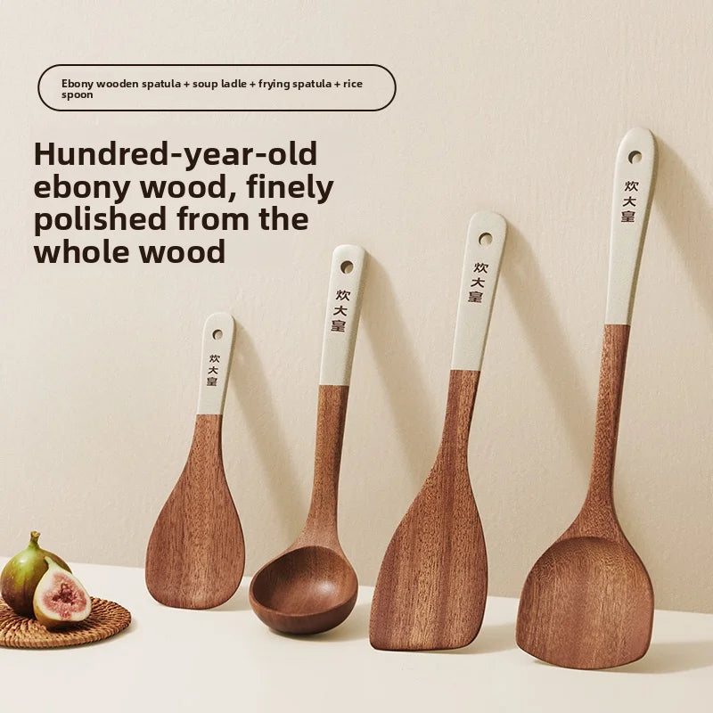 COOKER KING Ebony Wood Cooking Utensils Heat Resistant Non-Stick Pan Safe Spatula Stir Fry Rice Soup Spoon