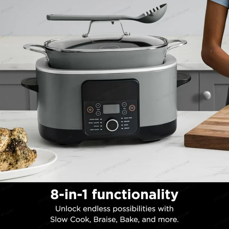 8-in-1 Multi-Cooker & Slow Cooker | All-in-One Kitchen Center for Sauteing, Steaming, Dutch Oven Cooking, with Glass Lid & Spoon