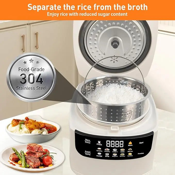 2L Rice Cooker Heating Lunch Coating Pot Cookware Slowcooker with  Fast Heating Steamer 24H Timer 8H Warming Function for Travel