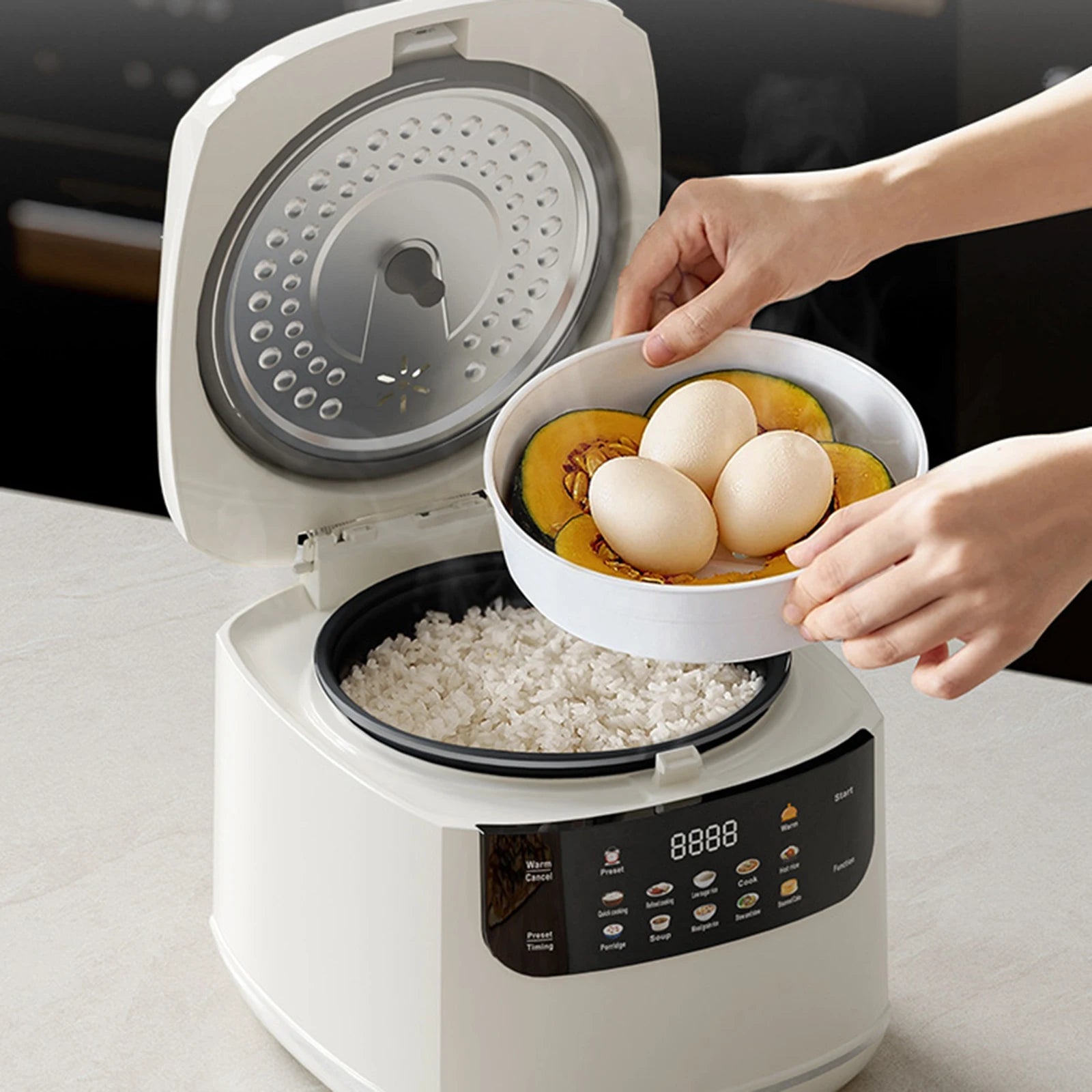 2L Rice Cooker Heating Lunch Coating Pot Cookware Slowcooker with  Fast Heating Steamer 24H Timer 8H Warming Function for Travel