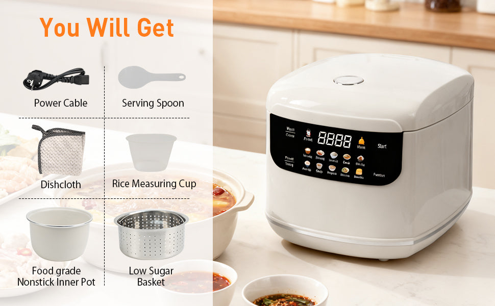2L Rice Cooker Heating Lunch Coating Pot Cookware Slowcooker with  Fast Heating Steamer 24H Timer 8H Warming Function for Travel